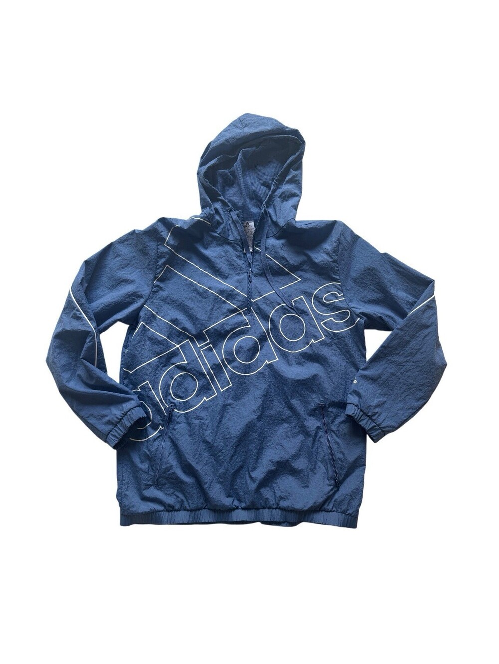 Adidas Men’s Large Blue Windbreaker Half Zip Hoodie Jacket Big Logo Retro Style